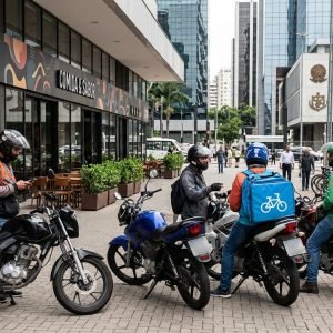 Entregadores da 99Food e outros apps de delivery em frente a um restaurante, ilustrando a investigação do Cade por abuso de posição e práticas anticompetitivas.