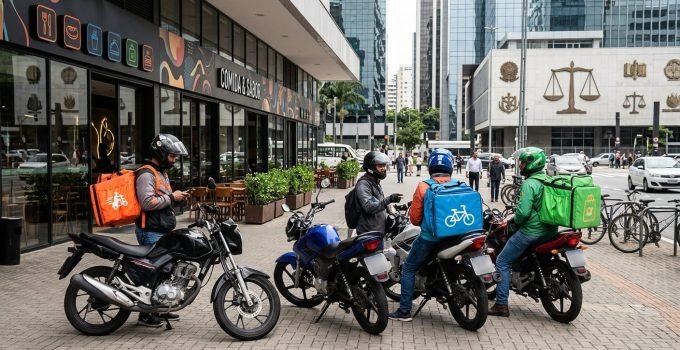 Entregadores da 99Food e outros apps de delivery em frente a um restaurante, ilustrando a investigação do Cade por abuso de posição e práticas anticompetitivas.