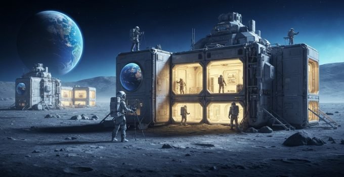 Astronautas e robôs trabalhando na construção de uma base lunar modular e futurista na superfície da Lua, com a Terra visível ao fundo, destacando a iniciativa da construção de bases na Lua para habitação permanente.