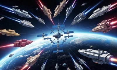 Ilustração futurista da corrida por recursos e poder no espaço, representando visualmente a geopolítica da exploração espacial e seu impacto nas relações internacionais.