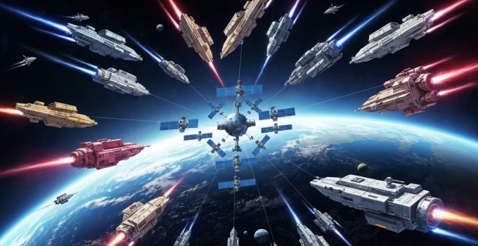 Ilustração futurista da corrida por recursos e poder no espaço, representando visualmente a geopolítica da exploração espacial e seu impacto nas relações internacionais.