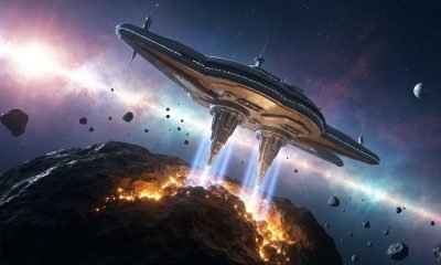 Uma nave de mineração avançada extraindo metais preciosos de um asteroide em profundo espaço, simbolizando a viabilidade da mineração de asteroides e a exploração de riquezas cósmicas.