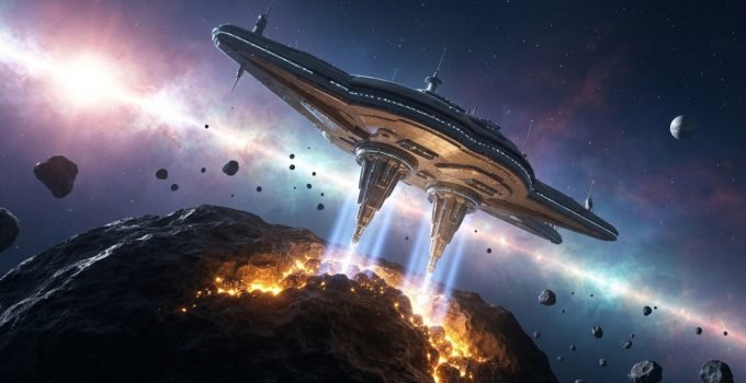 Uma nave de mineração avançada extraindo metais preciosos de um asteroide em profundo espaço, simbolizando a viabilidade da mineração de asteroides e a exploração de riquezas cósmicas.