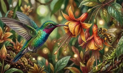 Um beija-flor e uma abelha bebendo néctar de uma flor colorida, ilustrando como abelhas e beija-flores bebendo álcool de forma natural em seu ambiente.