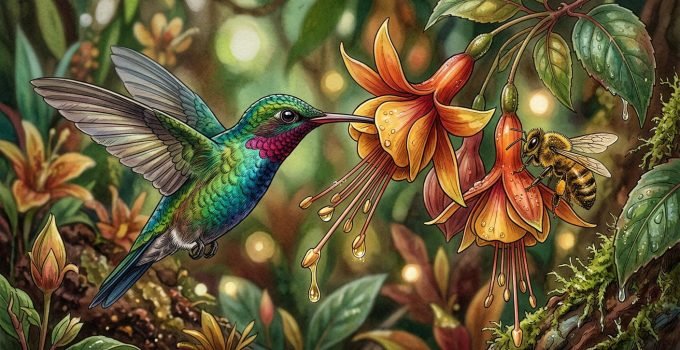 Um beija-flor e uma abelha bebendo néctar de uma flor colorida, ilustrando como abelhas e beija-flores bebendo álcool de forma natural em seu ambiente.