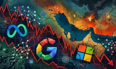 Gráficos financeiros em queda com logos de Meta, Google e Microsoft, simbolizando a derrocada das ações de Big Techs em meio à guerra no Irã e dúvidas sobre o futuro da IA.