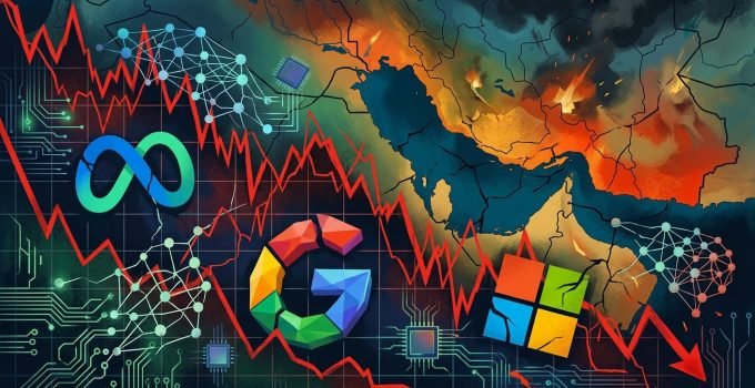 Gráficos financeiros em queda com logos de Meta, Google e Microsoft, simbolizando a derrocada das ações de Big Techs em meio à guerra no Irã e dúvidas sobre o futuro da IA.