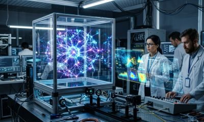 Agentes autônomos - Cientistas em um laboratório futurista testam meticulosamente um sistema de inteligência artificial em forma de cubo, garantindo a confiabil