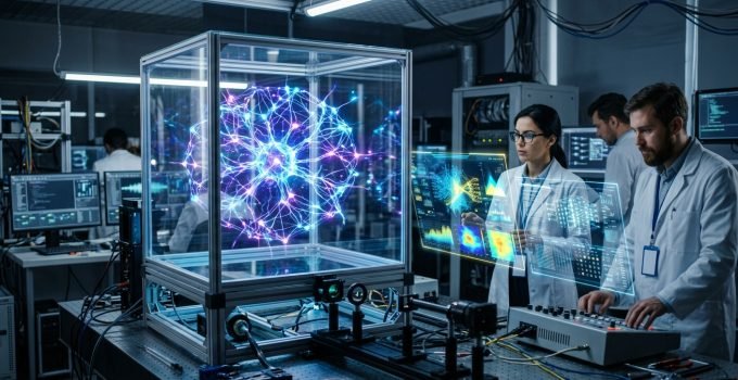 Agentes autônomos - Cientistas em um laboratório futurista testam meticulosamente um sistema de inteligência artificial em forma de cubo, garantindo a confiabil