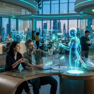 Agentes de IA como funcionários e humanos colaborando em um escritório futurista, representando a gestão da força de trabalho digital.