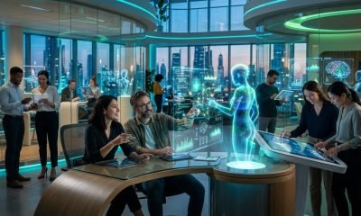 Agentes de IA como funcionários e humanos colaborando em um escritório futurista, representando a gestão da força de trabalho digital.