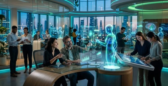 Agentes de IA como funcionários e humanos colaborando em um escritório futurista, representando a gestão da força de trabalho digital.