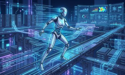 Agentes de IA em produção - Um agente de IA em produção, representado como um trabalhador digital, navegando por dados complexos e sistemas corporativos, ilustr