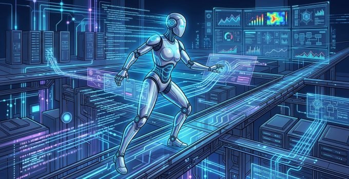 Agentes de IA em produção - Um agente de IA em produção, representado como um trabalhador digital, navegando por dados complexos e sistemas corporativos, ilustr