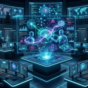 Painel futurista de um SOC, simbolizando o desafio da cibersegurança em distinguir ações de agentes de IA de atividades humanas.