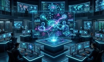 Painel futurista de um SOC, simbolizando o desafio da cibersegurança em distinguir ações de agentes de IA de atividades humanas.