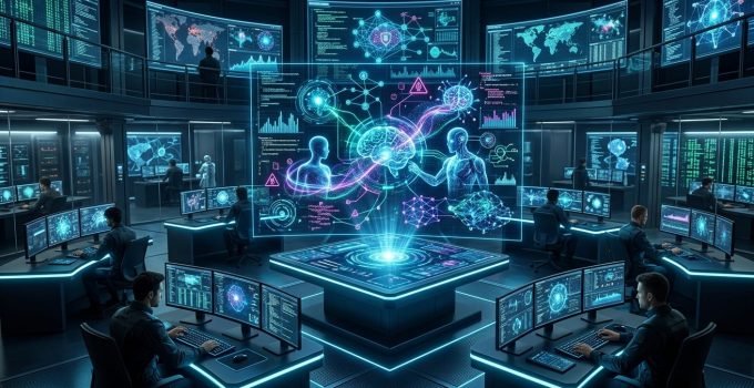 Painel futurista de um SOC, simbolizando o desafio da cibersegurança em distinguir ações de agentes de IA de atividades humanas.