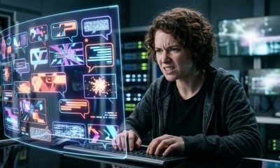 Uma pessoa com expressão concentrada, quase de desafio, interagindo intensamente com um chatbot de IA em uma tela futurista, simbolizando o trabalho de um agressor profissional de IA