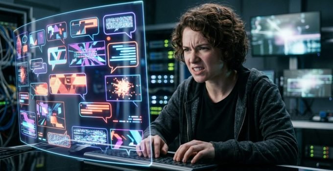 Uma pessoa com expressão concentrada, quase de desafio, interagindo intensamente com um chatbot de IA em uma tela futurista, simbolizando o trabalho de um agressor profissional de IA