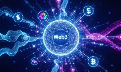 Uma intrincada rede digital futurista, com nós brilhantes e dados interconectados, simbolizando a expansão das aplicações de blockchain e web3 em áreas como identidade digital, arte e finanças descentralizadas.