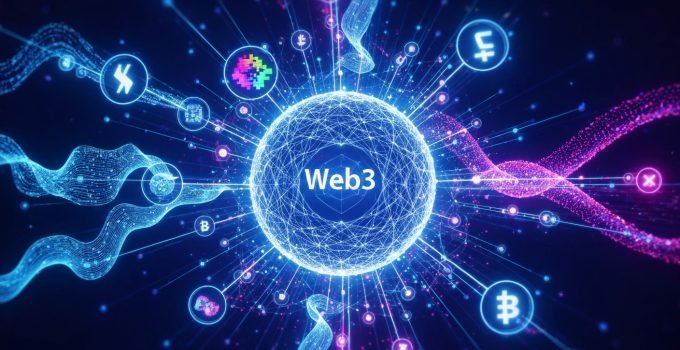 Uma intrincada rede digital futurista, com nós brilhantes e dados interconectados, simbolizando a expansão das aplicações de blockchain e web3 em áreas como identidade digital, arte e finanças descentralizadas.