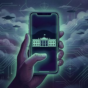 Smartphone exibindo o aplicativo oficial da Casa Branca com ilustrações de OVNIs e elementos de teorias da conspiração ao fundo.