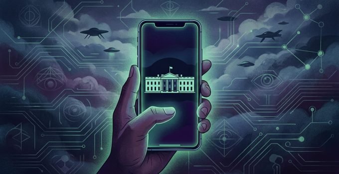 Smartphone exibindo o aplicativo oficial da Casa Branca com ilustrações de OVNIs e elementos de teorias da conspiração ao fundo.
