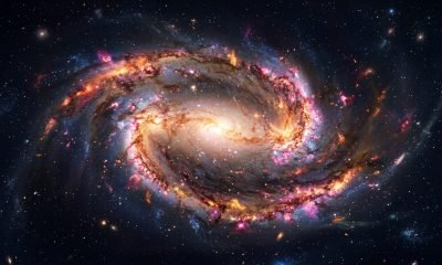 Representação artística da galáxia espiral NGC 1365, destacando a complexidade de sua estrutura e a distribuição de elementos que a arqueologia galáctica estuda