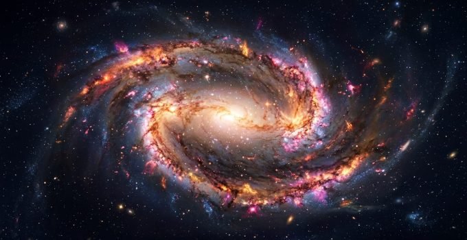 Representação artística da galáxia espiral NGC 1365, destacando a complexidade de sua estrutura e a distribuição de elementos que a arqueologia galáctica estuda