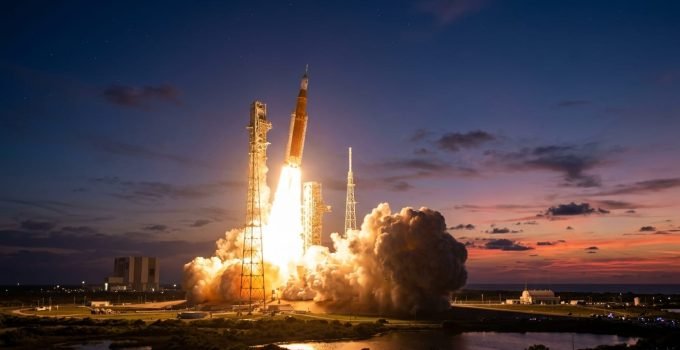 Lançamento noturno da missão Artemis II da NASA: o foguete Space Launch System (SLS) decola do Kennedy Space Center com tripulação, marcando o retorno à exploração lunar tripulada.