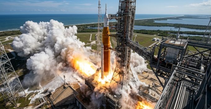 Simulação visual do lançamento do foguete SLS da missão Artemis II, mostrando a interação da pluma de exaustão com o sistema de supressão de som na plataforma de lançamento.