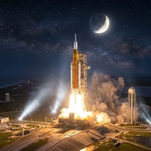 Poderoso foguete SLS da NASA decola em noite escura, lançando a missão tripulada Artemis II em direção à órbita da Lua.