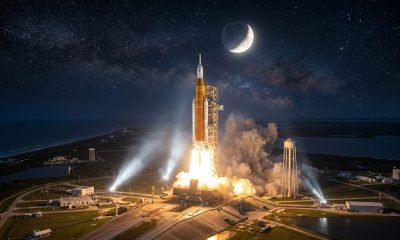 Poderoso foguete SLS da NASA decola em noite escura, lançando a missão tripulada Artemis II em direção à órbita da Lua.