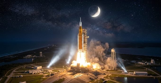 Poderoso foguete SLS da NASA decola em noite escura, lançando a missão tripulada Artemis II em direção à órbita da Lua.