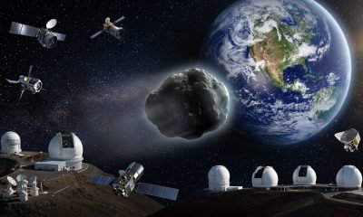 Um asteroide do tamanho de um prédio se aproxima da Terra, rastreado por observatórios espaciais e terrestres, simbolizando a vigilância contínua da defesa planetária.