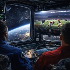 Representação abstrata da Estação Espacial Internacional orbitando a Terra com uma tela de transmissão genérica sugerindo a recepção da transmissão do Super Bowl LX pelos astronautas.