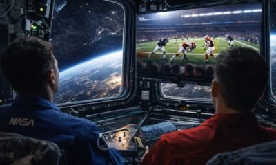 Representação abstrata da Estação Espacial Internacional orbitando a Terra com uma tela de transmissão genérica sugerindo a recepção da transmissão do Super Bowl LX pelos astronautas.