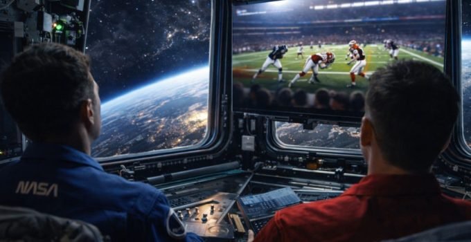 Representação abstrata da Estação Espacial Internacional orbitando a Terra com uma tela de transmissão genérica sugerindo a recepção da transmissão do Super Bowl LX pelos astronautas.