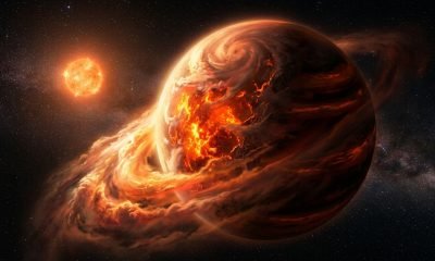 Representação artística do exoplaneta TOI-561 b, uma superterra com uma espessa atmosfera em TOI-561 b, mostrando ventos e nuvens sobre um oceano de magma brilh