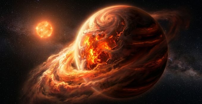 Representação artística do exoplaneta TOI-561 b, uma superterra com uma espessa atmosfera em TOI-561 b, mostrando ventos e nuvens sobre um oceano de magma brilh