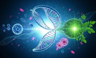 Representação futurista de uma hélice de DNA interligada a elementos que simbolizam saúde humana e agricultura, destacando os avanços da biotecnologia e edição genômica.