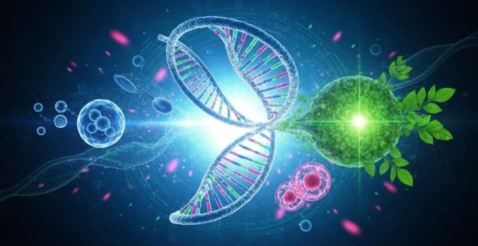 Representação futurista de uma hélice de DNA interligada a elementos que simbolizam saúde humana e agricultura, destacando os avanços da biotecnologia e edição genômica.