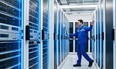 Data center da AWS com servidores iluminados e um técnico ao fundo.