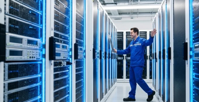 Data center da AWS com servidores iluminados e um técnico ao fundo.