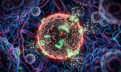 Bactérias probióticas engenheiradas atacando um tumor de câncer, com luzes que indicam a liberação de medicamentos e a precisão da terapia.