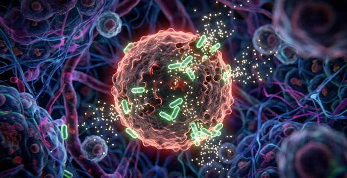 Bactérias probióticas engenheiradas atacando um tumor de câncer, com luzes que indicam a liberação de medicamentos e a precisão da terapia.