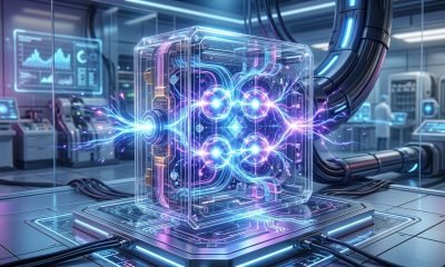 Ilustração de uma bateria quântica futurista, com luzes vibrantes simbolizando o carregamento ultrarrápido, em um cenário de laboratório avançado.