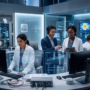 Pesquisadores colaborando em um laboratório futurista do Itaú, com telas exibindo dados e IA, simbolizando as oportunidades das bolsas de pesquisa Itaú em tecnologia.