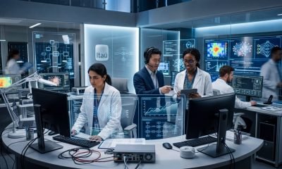 Pesquisadores colaborando em um laboratório futurista do Itaú, com telas exibindo dados e IA, simbolizando as oportunidades das bolsas de pesquisa Itaú em tecnologia.