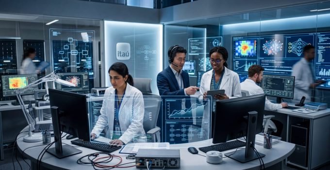 Pesquisadores colaborando em um laboratório futurista do Itaú, com telas exibindo dados e IA, simbolizando as oportunidades das bolsas de pesquisa Itaú em tecnologia.